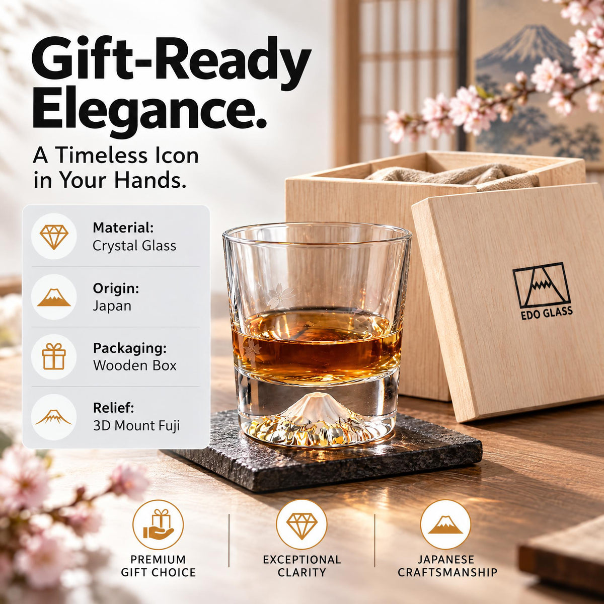 ONE PEN SG Mount Fuji Glass Cup with Wooden Gift Box Singapore - size reference