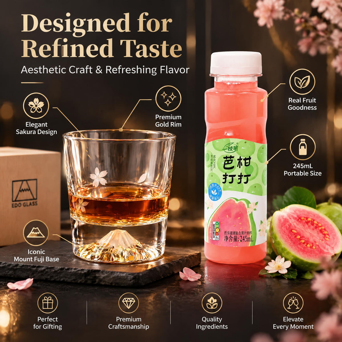 ONE PEN SG Yizhibi NFC Guava Citrus Juice Drink + Mount Fuji Glass Gift Set Bundle NFC Guava Citrus Juice + Mount Fuji Cup Set SG