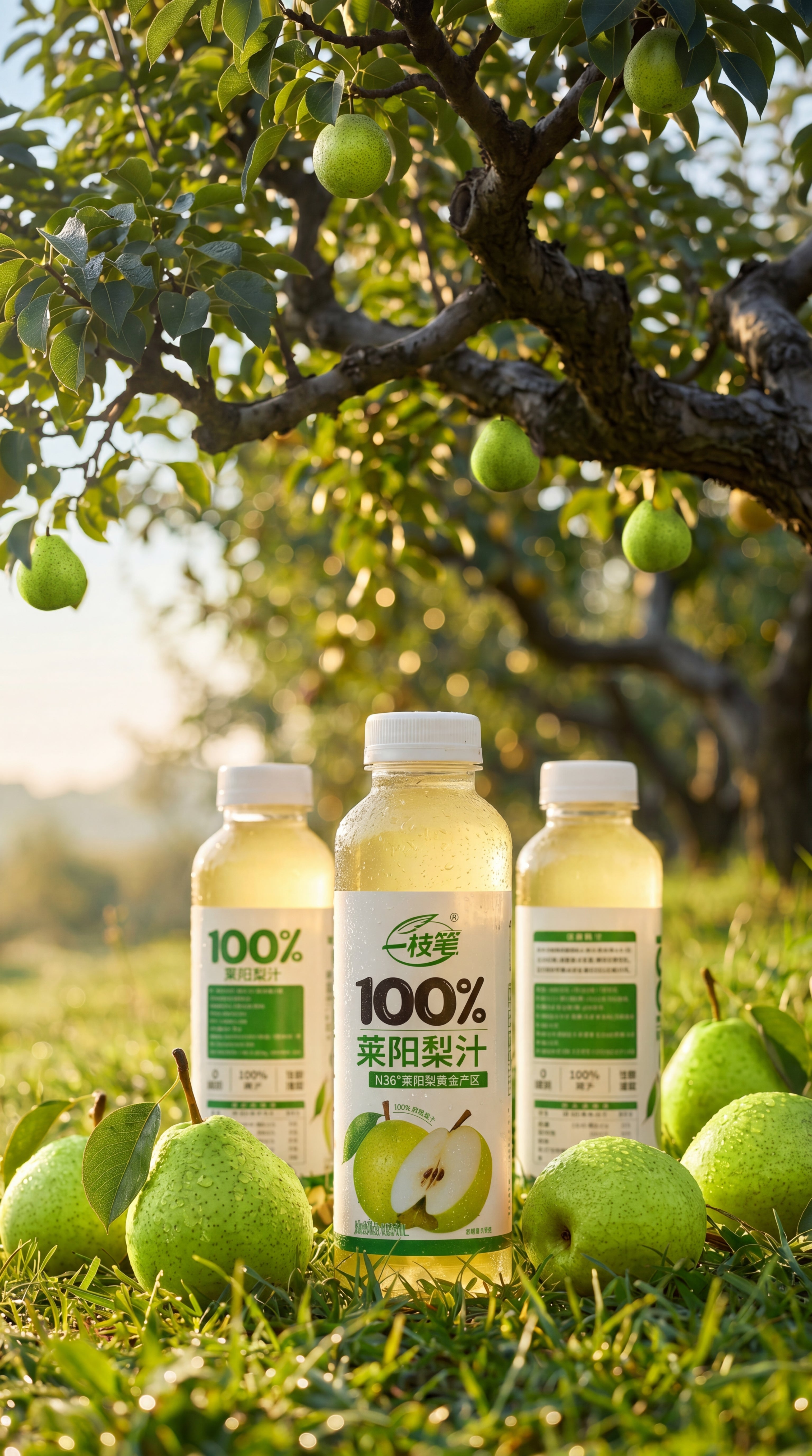 Three bottles of refreshing One Pen SG 100% authentic Laiyang Pear Juice surrounded by fresh green pears in a sunlit orchard.