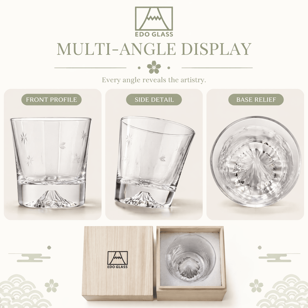 Premium Mount Fuji Juice & Beverage Glass - Japanese Style Crystal Cup with Natural Wooden Gift Box - ONE PEN SG