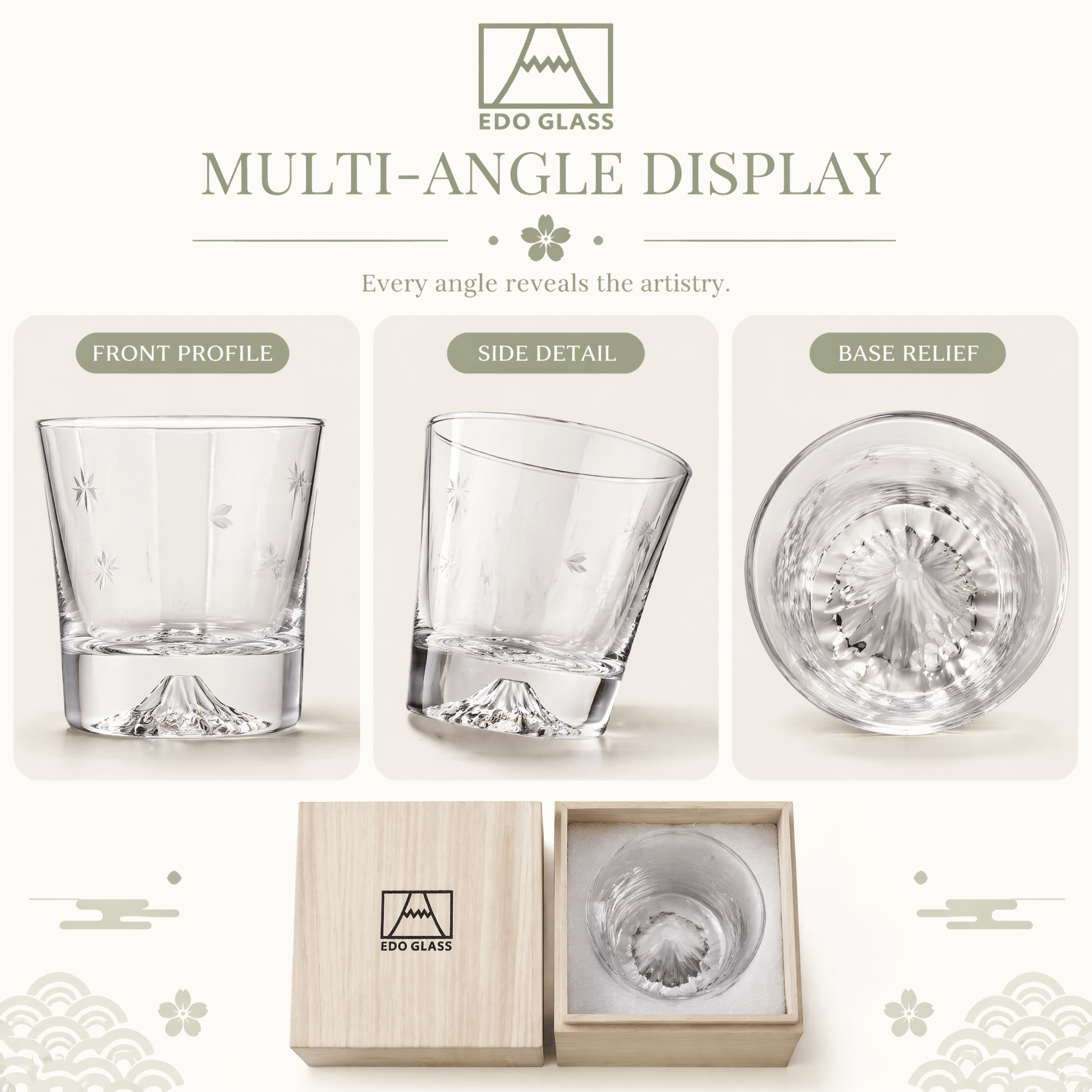 Premium Mount Fuji Juice & Beverage Glass - Japanese Style Crystal Cup with Natural Wooden Gift Box - ONE PEN SG