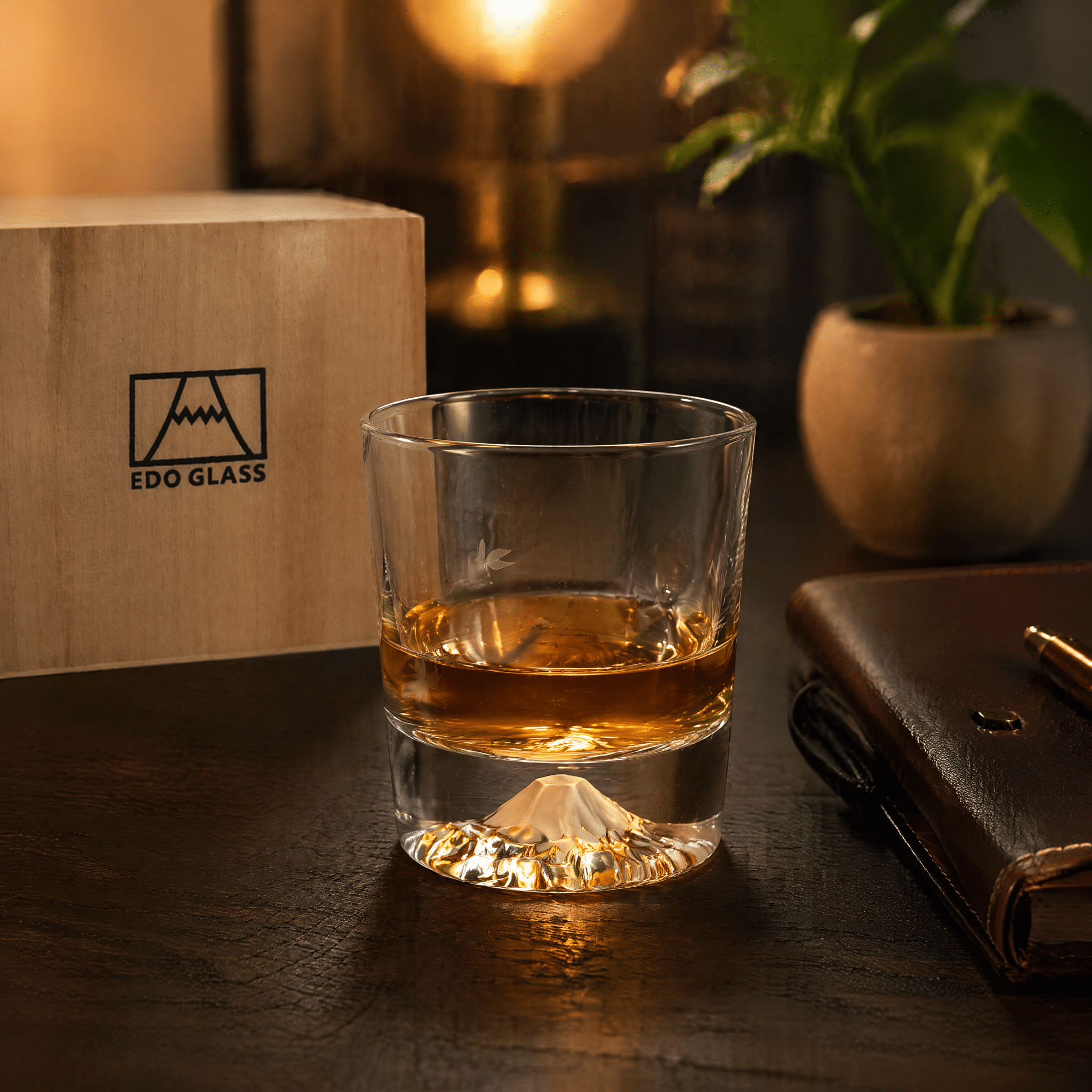 Premium Mount Fuji Juice & Beverage Glass - Japanese Style Crystal Cup with Natural Wooden Gift Box - ONE PEN SG