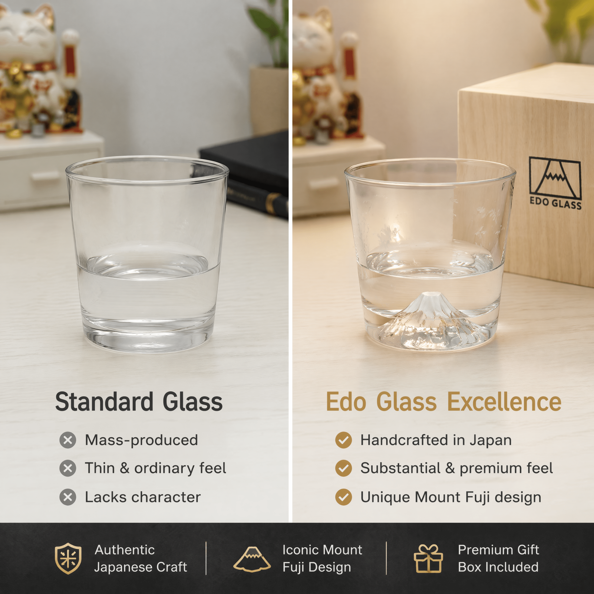 Premium Mount Fuji Juice & Beverage Glass - Japanese Style Crystal Cup with Natural Wooden Gift Box - ONE PEN SG