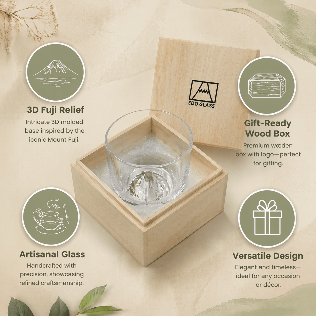 Premium Mount Fuji Juice & Beverage Glass - Japanese Style Crystal Cup with Natural Wooden Gift Box - ONE PEN SG