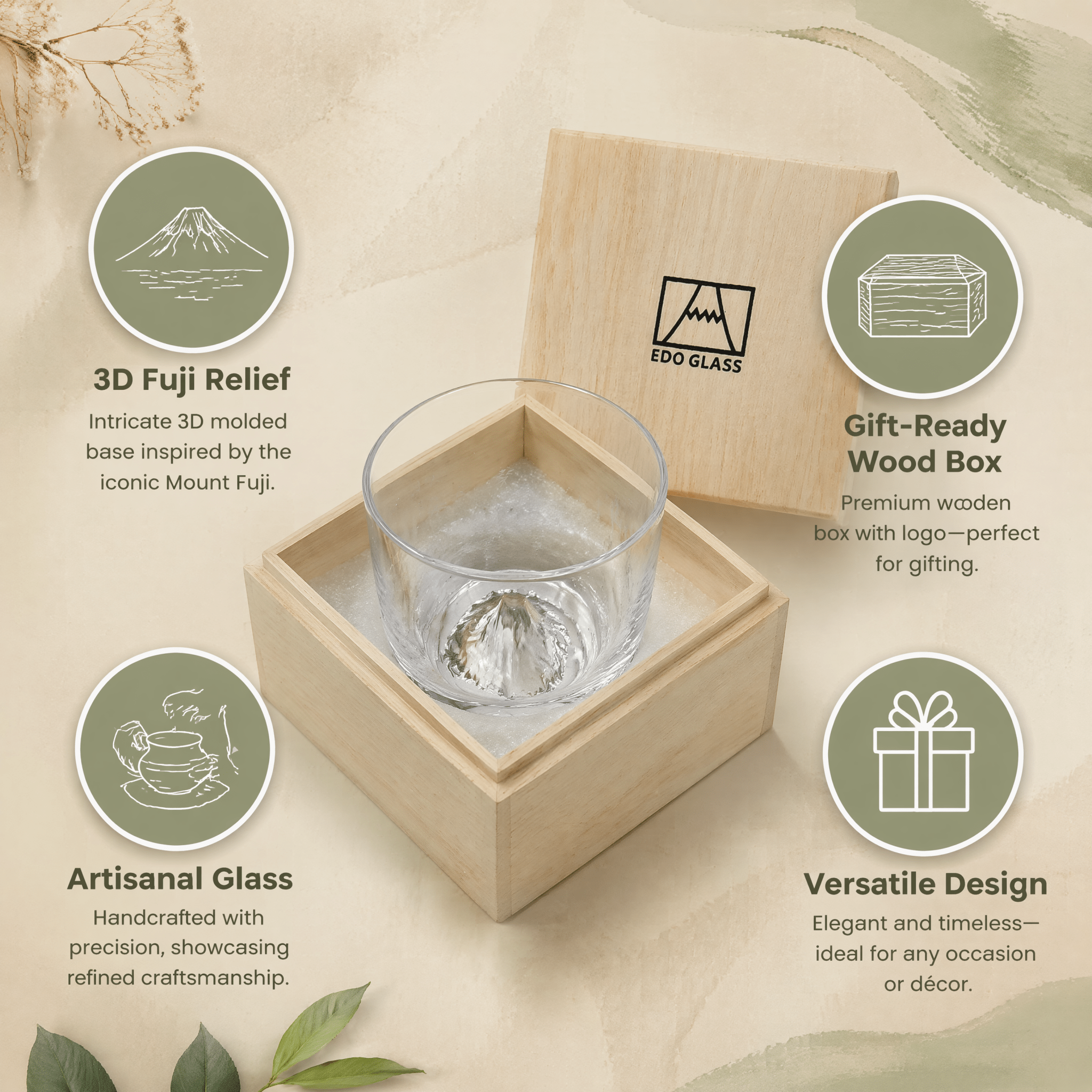 Premium Mount Fuji Juice & Beverage Glass - Japanese Style Crystal Cup with Natural Wooden Gift Box - ONE PEN SG
