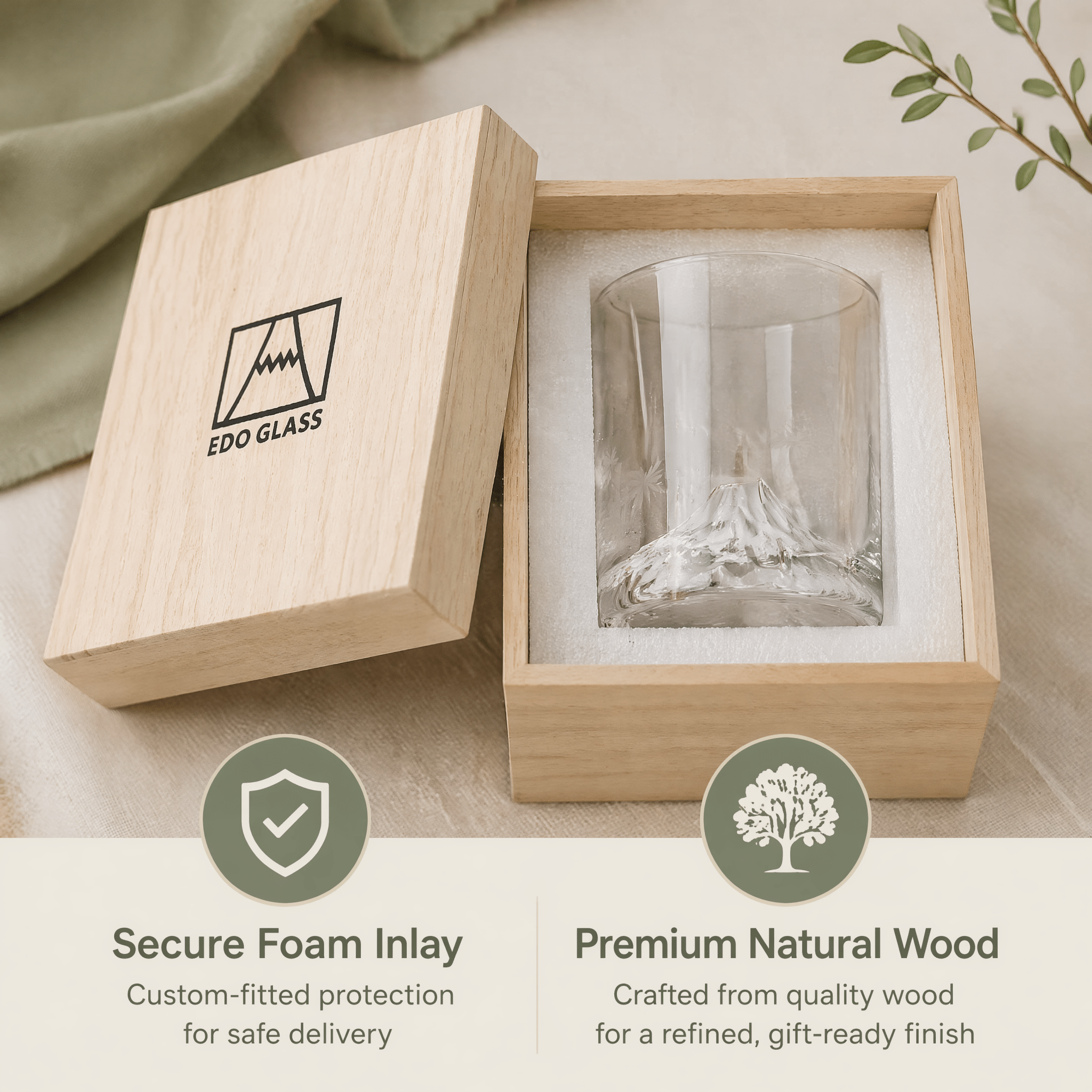 Premium Mount Fuji Juice & Beverage Glass - Japanese Style Crystal Cup with Natural Wooden Gift Box - ONE PEN SG