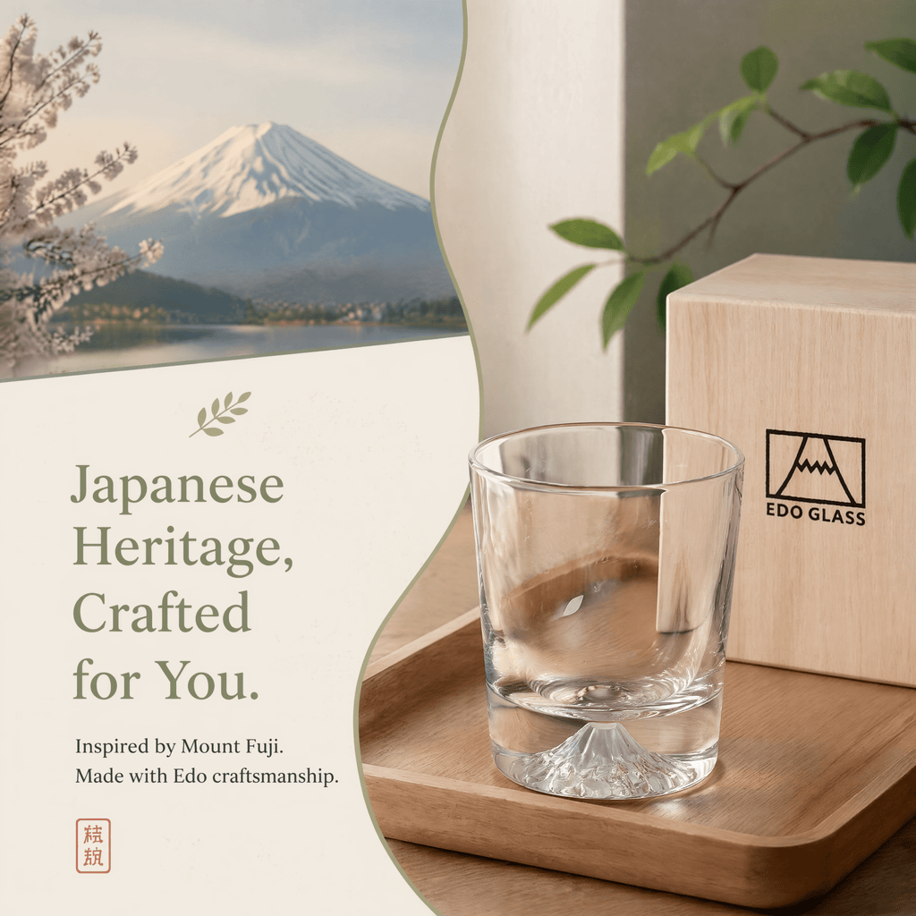 Premium Mount Fuji Juice & Beverage Glass - Japanese Style Crystal Cup with Natural Wooden Gift Box - ONE PEN SG