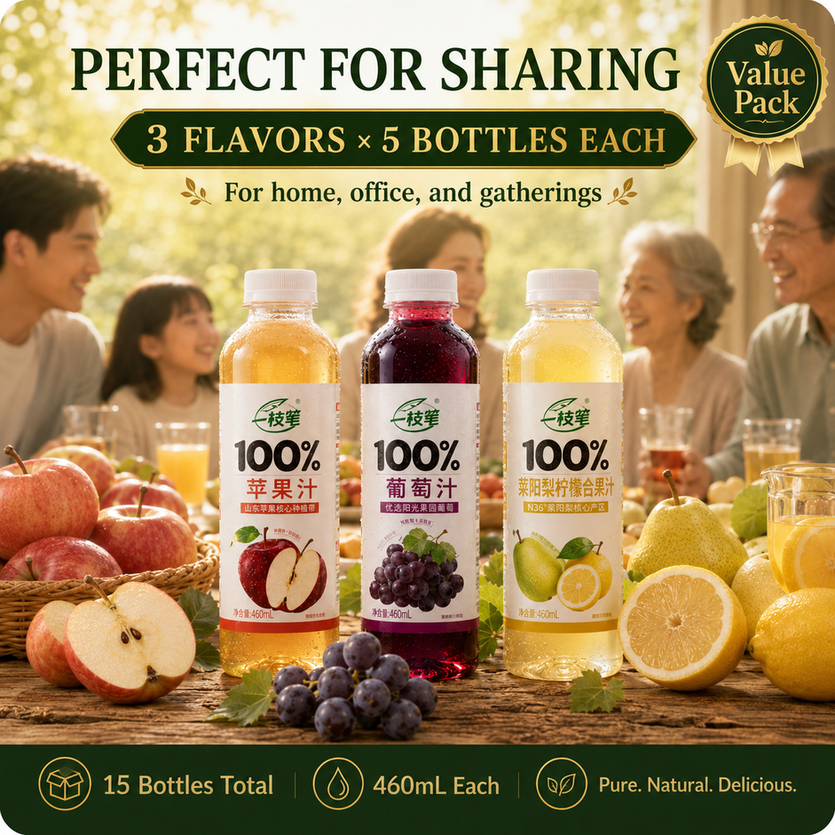 YIZHIBI 100% Apple Juice 100% Grape Juice 100% Laiyang Pear Citrus Juice 15 Bottles Total 460mL Each Value Pack Perfect for Sharing Home Office Gatherings Pure Natural Delicious Made for Family - ONE PEN SG