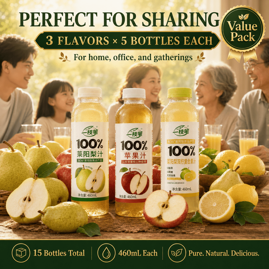 YIZHIBI 100% Laiyang Pear Juice 100% Apple Juice 100% Laiyang Pear Citrus Juice 15 Bottles Total 460mL Each Value Pack Perfect for Sharing Home Office Gatherings Pure Natural Delicious Made for Family - ONE PEN SG