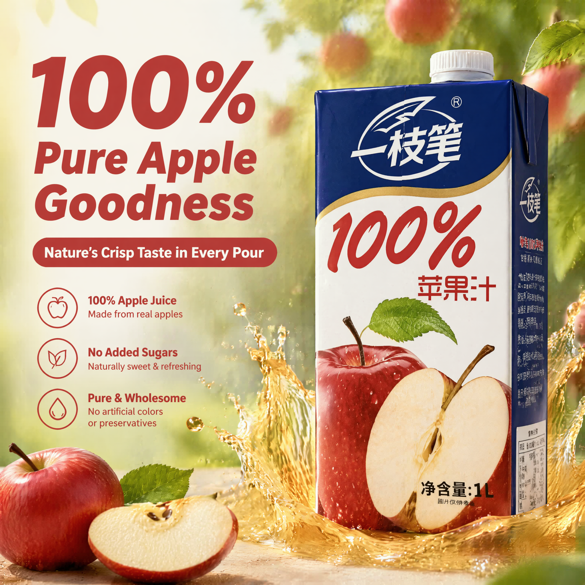 Yizhibi 一枝笔 100% Pure Apple Juice (1L) | 0 Additives, No Added Sugar, No Preservatives | Fresh Natural Taste - ONE PEN SG