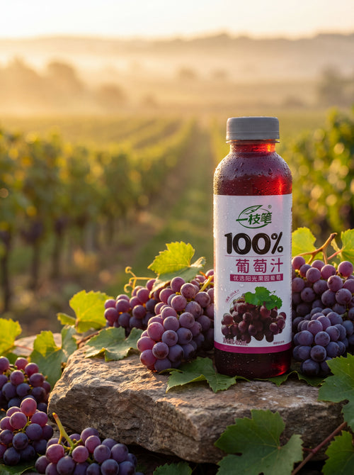 A bottle of Yizhibi 100% Pure Grape Juice set on a natural stone surrounded by fresh purple grapes in a scenic vineyard at sunrise, emphasizing its natural origin and premium quality.