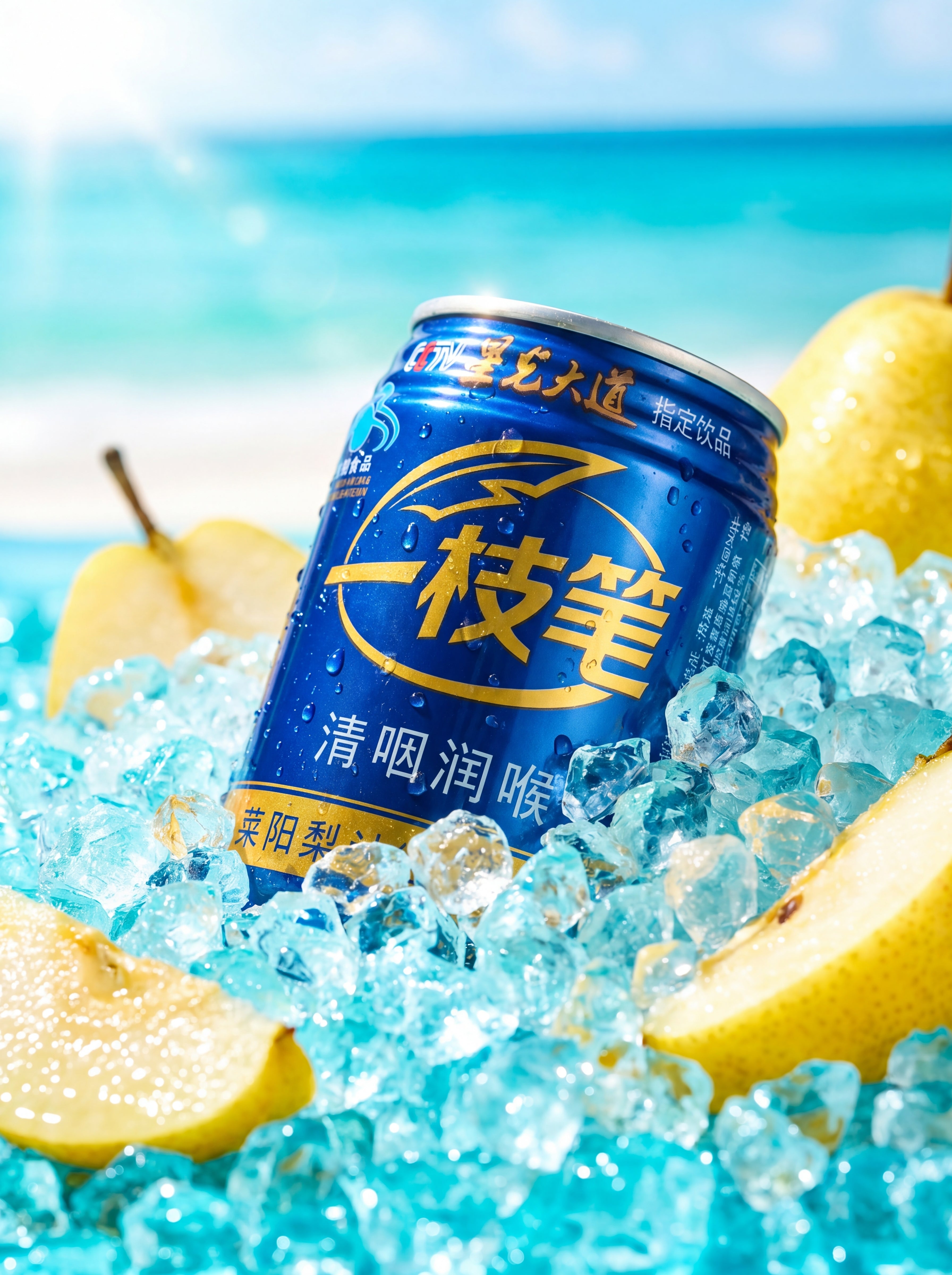 A blue can of Yizhibi Laiyang Pear Juice nestled in crushed ice on a sunny beach with the ocean in the background. Fresh pear slices surround the chilled can, highlighting a refreshing summer vibe.