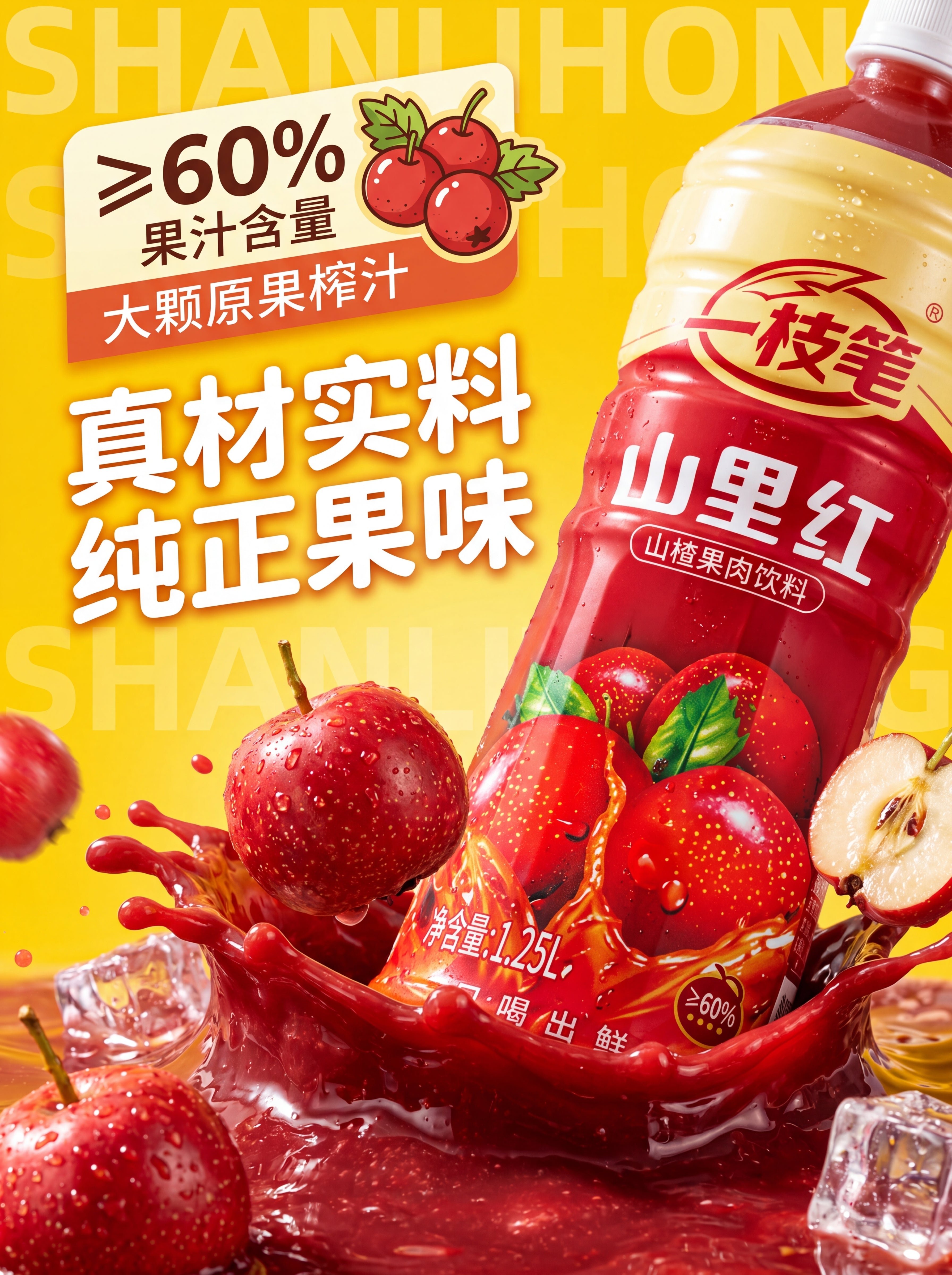 Yizhibi Shanlihong hawthorn juice advertisement showing a splashing bottle with fresh berries and ice. Chinese text highlights "≥60% juice content" and "real ingredients".